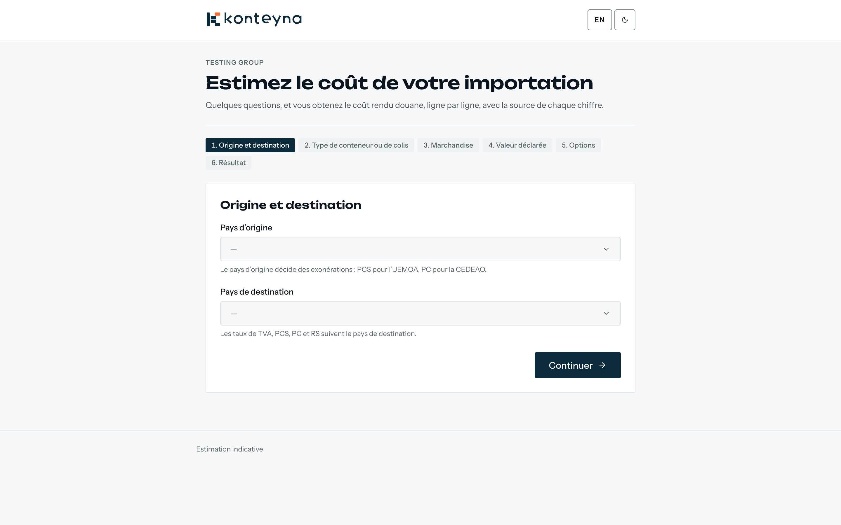 Le portail public : la première étape, origine et destination.