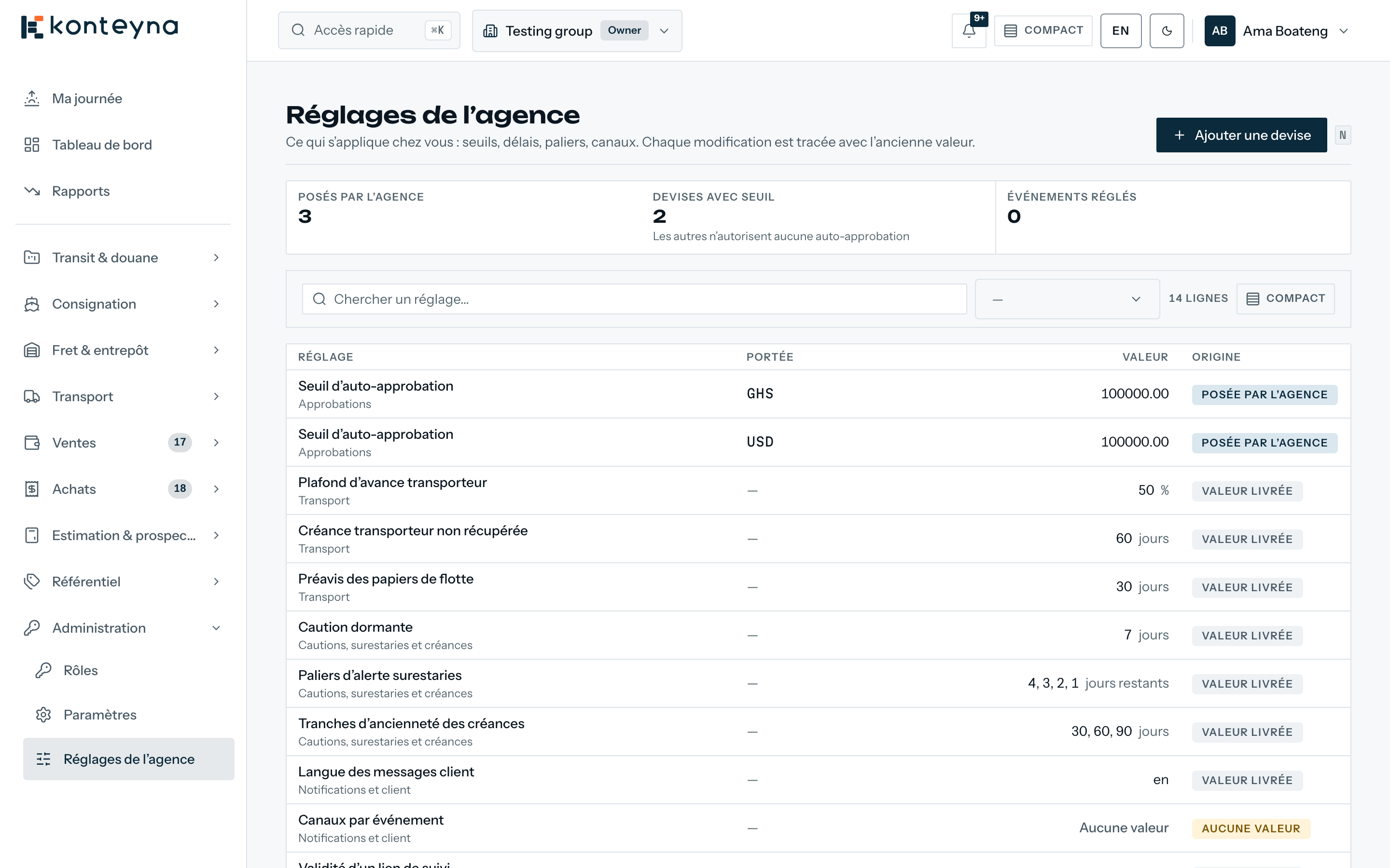 Le registre des réglages de l'agence : le réglage, sa portée, sa valeur et d'où elle vient.